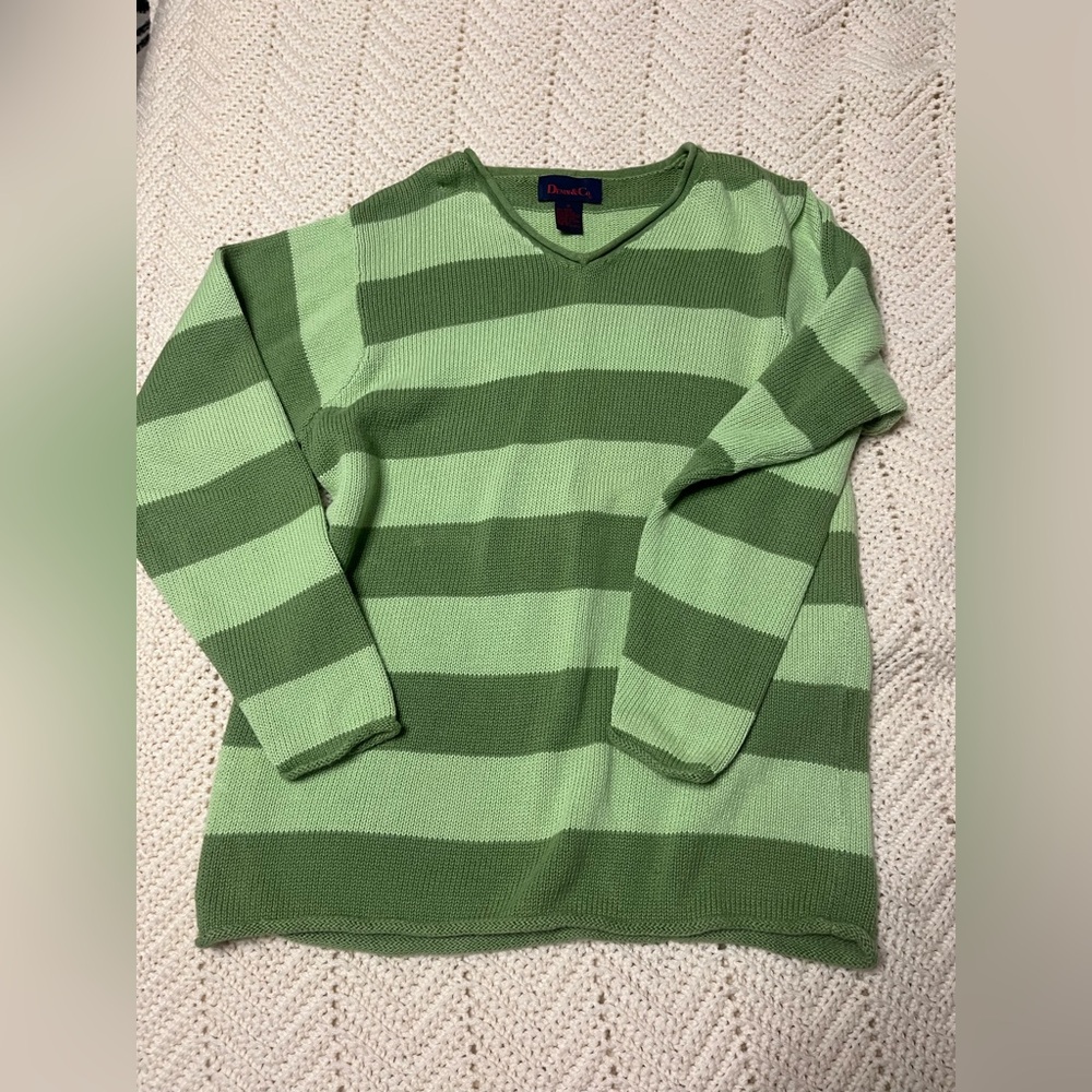 Denim&Co Green Striped Crew Neck Sweater